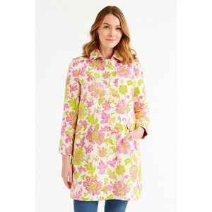 Boden Floral Mac Trench Coat UK 14 US 10 Pink Lime Green Cotton Retro Style